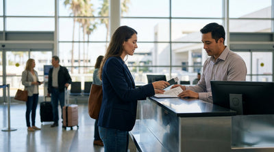 A traveler at a car rental desk in Los Angeles airport shows their documents to an agent for verification