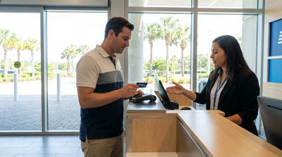 A customer at a car hire desk in Orlando airport holding a credit card to pay for their vehicle
