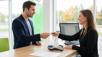 A person hands a credit card to an agent to collect their car hire at an airport in Pennsylvania