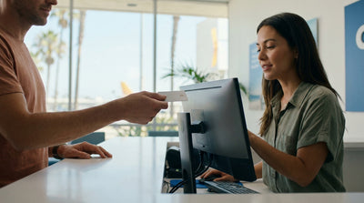 A person hands a debit card to an agent at a car rental counter inside a sunny California airport