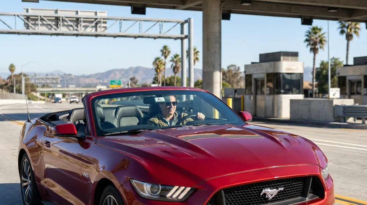 A white car rental driving across the Golden Gate Bridge on a sunny day in California