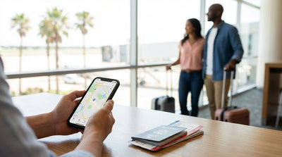 A car rental on a long, empty highway stretching across the vast, sunny landscape of Texas