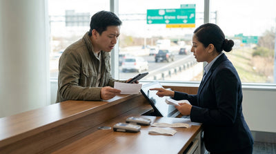 A car rental driving on the multi-lane Pennsylvania Turnpike with lush green trees lining the highway