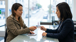 Customer handing a photo ID to an agent at a car rental desk in San Francisco