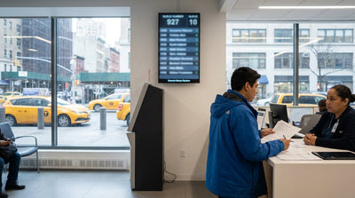 A tow truck lifts a car hire vehicle on a busy New York City street lined with buildings