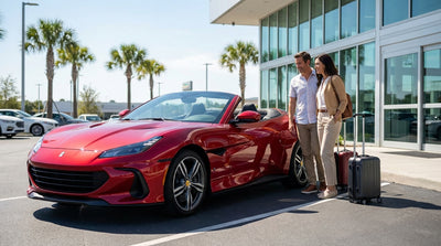 A row of various modern cars available for car hire under a bright, sunny sky in Orlando