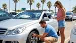 A person inspecting the tires of a white sedan at a sunny Orlando car hire lot