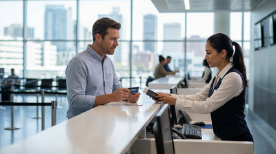 A person hands their ID and debit card to an agent at a car rental counter in a New York airport