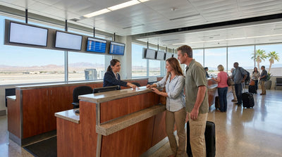 A bright, modern car hire facility at Las Vegas Airport with multiple company counters in a single row