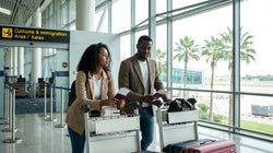 Traveler walking with luggage toward a car rental shuttle outside the airport terminal in Los Angeles