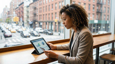 A silver car rental driving down a busy street in New York, with yellow cabs and tall skyscrapers in the background