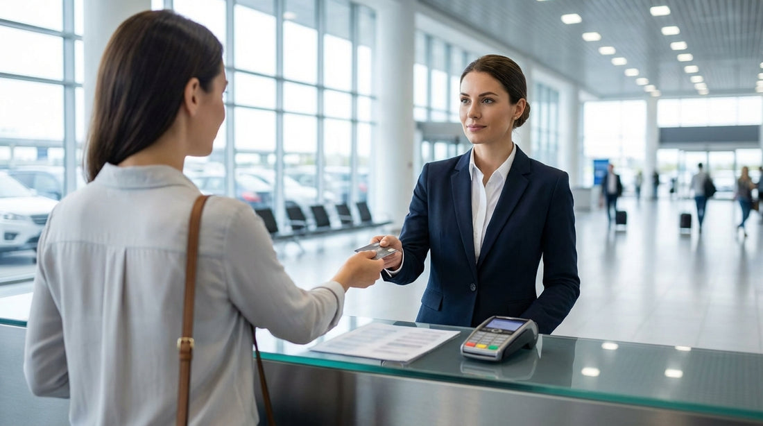 A red convertible car rental on a desert highway facing the iconic buttes of Monument Valley, Utah