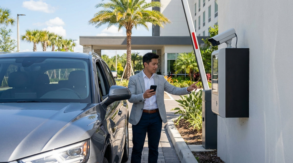 A modern car hire parked in front of a sunny, palm-lined hotel entrance in Orlando