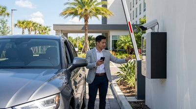 A modern car hire parked in front of a sunny, palm-lined hotel entrance in Orlando