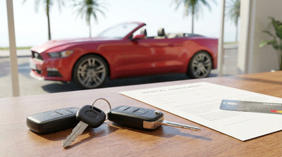 A white convertible car rental parked on a cliff overlooking the ocean on a sunny day in California