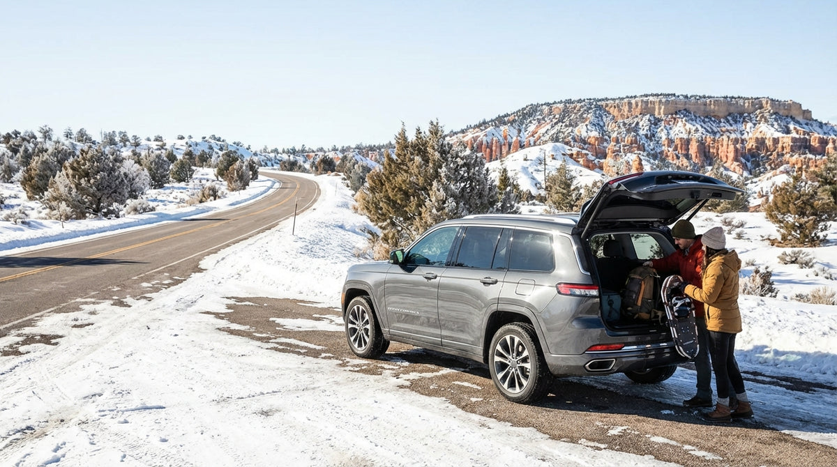 A silver car hire on a desert highway driving away from the Las Vegas skyline under a clear blue sky