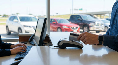 Man handing a corporate credit card to an agent at a car hire counter in Texas