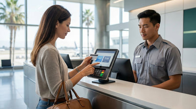 A person driving a convertible car rental down a sunny, palm-lined street in Los Angeles