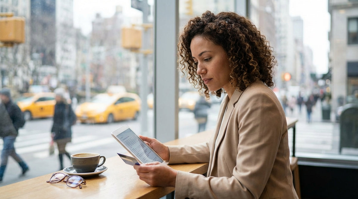 A modern car rental sedan on the Brooklyn Bridge with the Lower Manhattan, New York skyline in the background