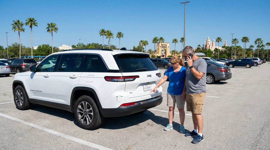 A white SUV car hire parked in a row at a large, sunny Orlando theme park parking lot