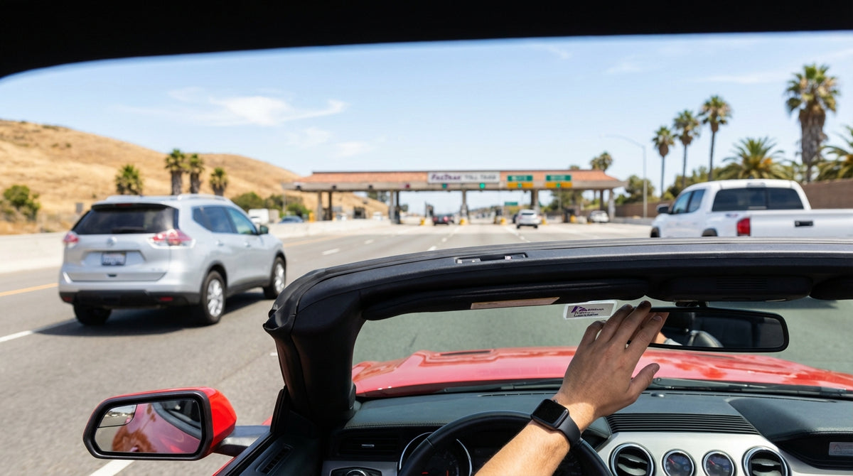 View from inside a car rental driving over the Golden Gate Bridge on a sunny California day
