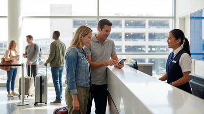 Hands on the steering wheel of a car rental driving down a scenic highway in the United States