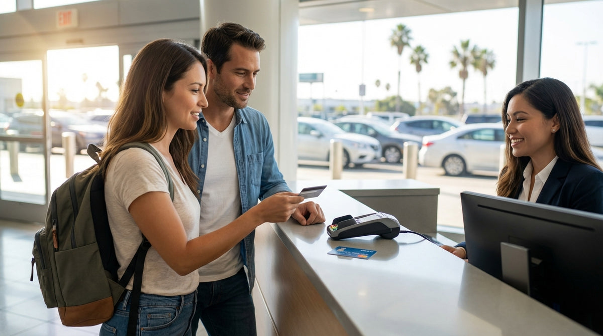 A customer hands a credit card to an agent at a Los Angeles car hire counter