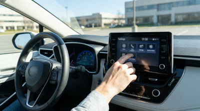 A first-person view from a car rental driving down a sunny, palm-lined street in Orlando