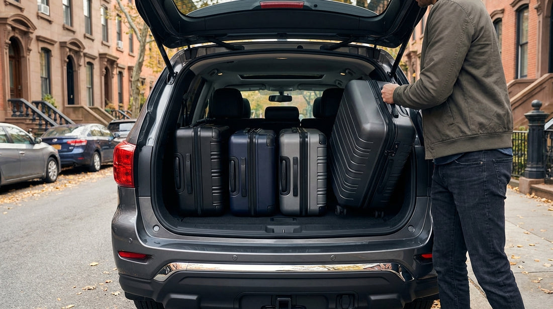 A person loading four large suitcases into the open trunk of an SUV car hire on a New York street