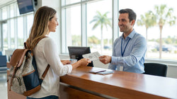 A person receives keys for a car rental at a bright service counter in Florida