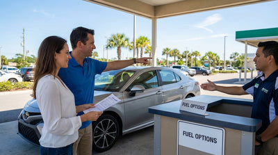 A line of clean cars available for car hire at an airport parking garage in Orlando