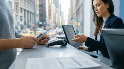 A modern car rental driving across a bridge towards the iconic New York City skyline on a clear day