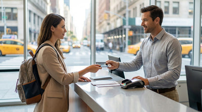 A traveler presents a passport at a car rental counter in a busy New York airport