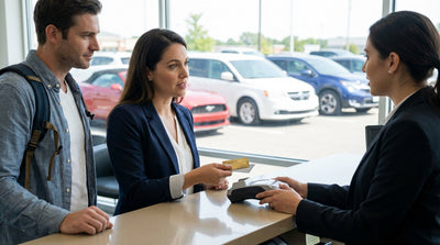 A person at a car hire counter in the United States handing over a credit card to an agent