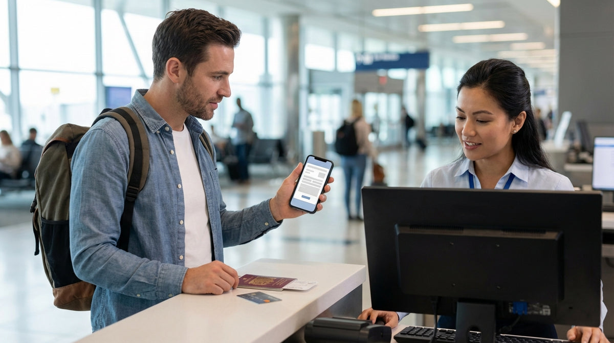 A customer at a car rental desk in the United States shows an agent a document on their phone