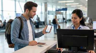 A customer at a car rental desk in the United States shows an agent a document on their phone