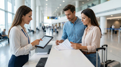 A person signs a car hire agreement at a rental counter before getting the keys to their car at an airport