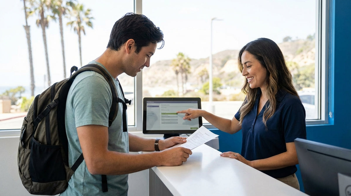 A convertible car hire driving along a sunny, winding coastal road in California