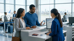 A customer showing a smartphone to a clerk at a car rental counter in New York