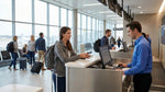 A person hands a credit card to an agent at a car rental desk in New York's JFK airport