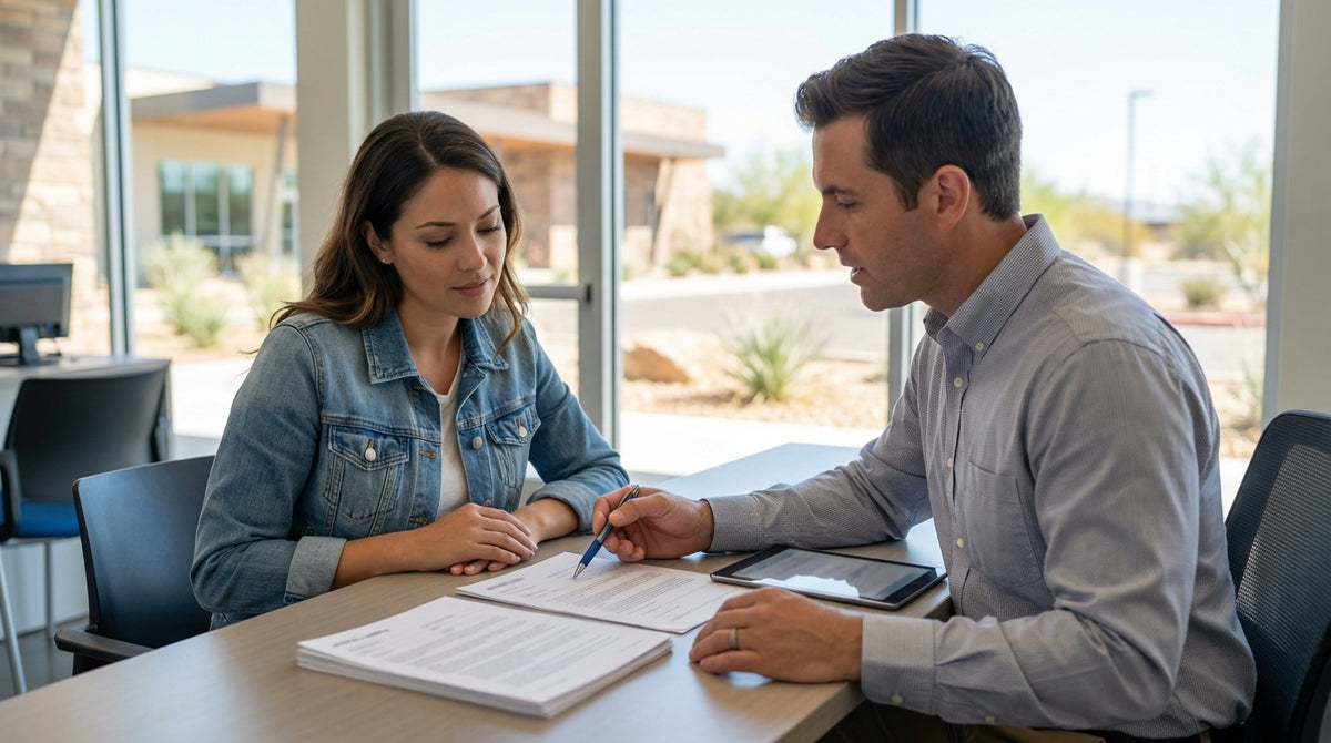 A modern car rental driving on an empty highway through the desert landscape of West Texas