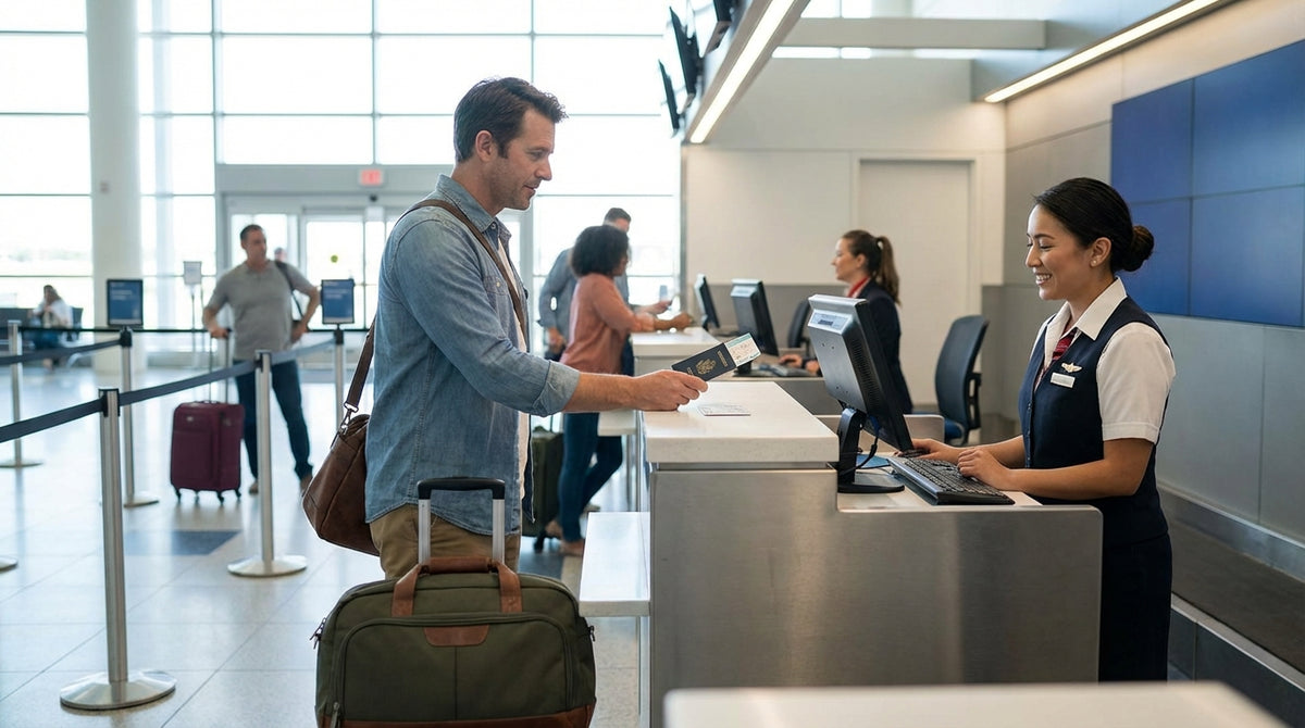 A person holding car keys and a passport at a car rental counter in a New York airport