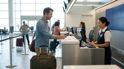 A person holding car keys and a passport at a car rental counter in a New York airport