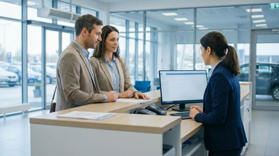 A rental agent hands keys to a smiling driver for their car hire at a desk in the United Estates
