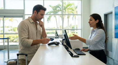 A white convertible car hire driving down a palm-tree-lined street in sunny Miami