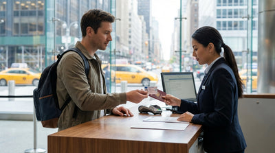 A modern car hire vehicle driving down a bustling New York City street with iconic yellow taxis in the background