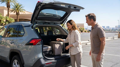 A car rental drives down the Las Vegas Strip at night illuminated by vibrant neon casino signs