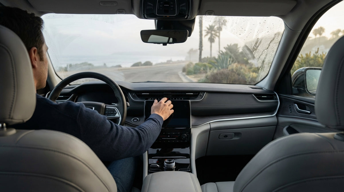 A foggy car hire windscreen on a misty morning overlooking the California coast