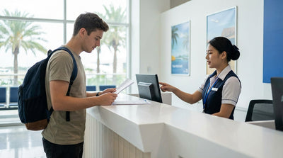 A young driver smiling with the keys to their car hire in the Orlando airport parking garage