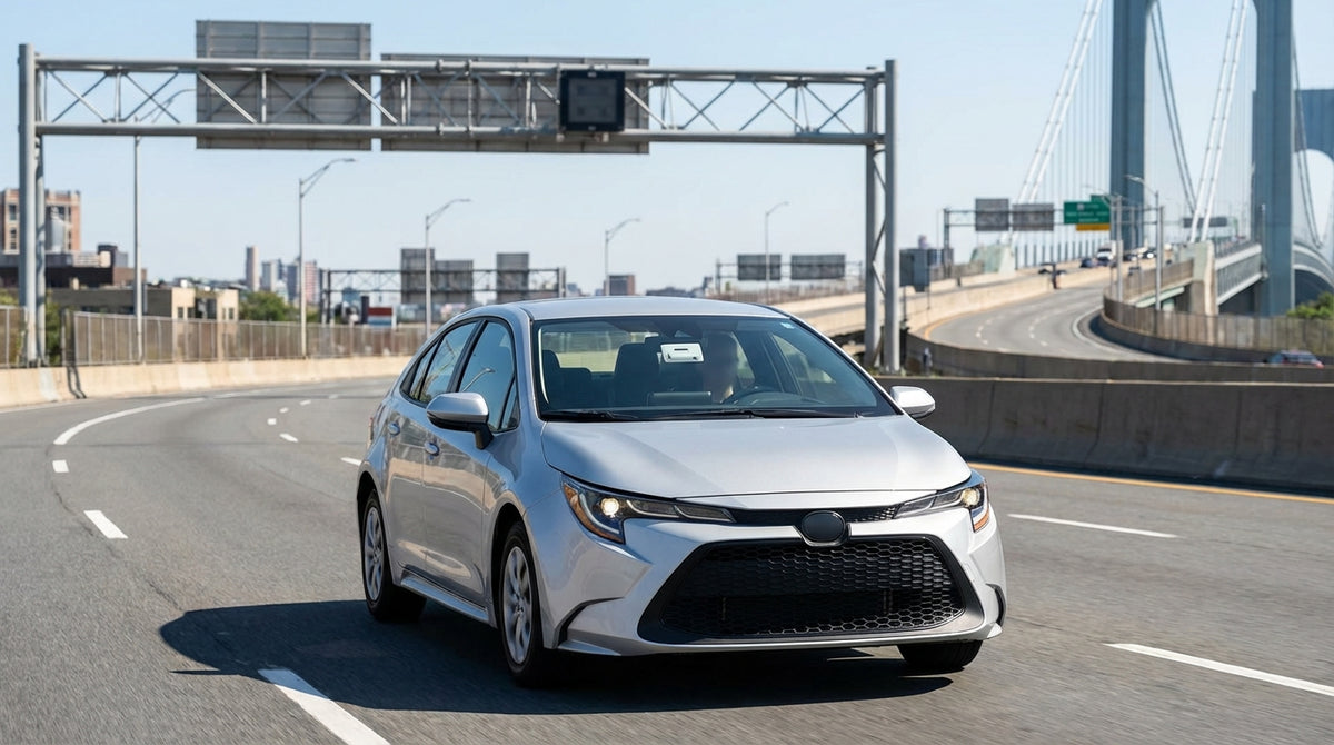 A modern car rental driving on a highway with traffic towards the New York City skyline on a sunny day